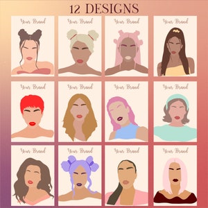 Peut inclure: Douze designs différents de visages de femmes avec différentes coiffures et accessoires. Chaque design porte le texte "Your Brand" en haut.