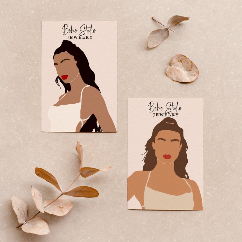 Pode incluir: Dois cart&otilde;es com um design minimalista que apresenta ilustra&ccedil;&otilde;es de mulheres com cabelo castanho e l&aacute;bios vermelhos. O texto nos cart&otilde;es diz "Boho Studio Joias".