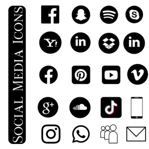 May include: A collection of black and white social media icons, including Facebook, Snapchat, Spotify, Instagram, Twitter, Pinterest, YouTube, Vimeo, Google Plus, SoundCloud, TikTok, WhatsApp, and more.