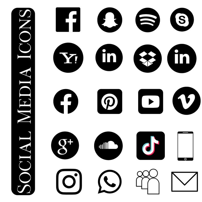May include: A collection of black and white social media icons, including Facebook, Snapchat, Spotify, Instagram, Twitter, Pinterest, YouTube, Vimeo, Google Plus, SoundCloud, TikTok, WhatsApp, and more.