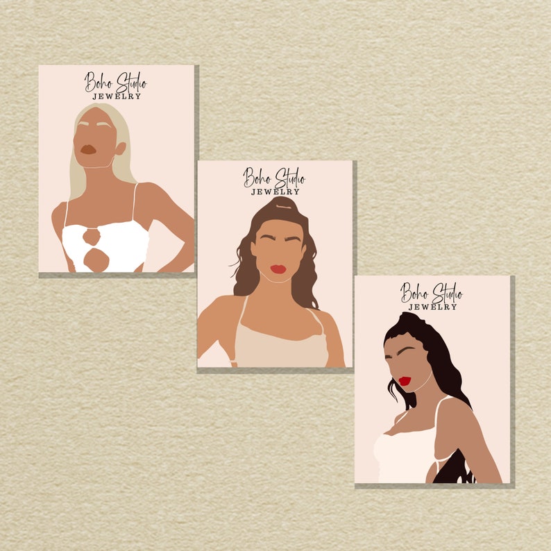Pode incluir: Tr&ecirc;s ilustra&ccedil;&otilde;es digitais de mulheres com diferentes penteados e tons de pele. Cada ilustra&ccedil;&atilde;o tem o texto "Boho Studio Jewelry" no topo da imagem.