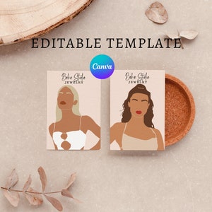 Pode incluir: Dois modelos de cart&atilde;o de visita edit&aacute;veis com ilustra&ccedil;&otilde;es de mulheres de cabelo comprido. O texto nos cart&otilde;es diz "Boho Studio Joias".