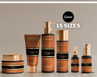 May include: Set of six gold and black cosmetic bottles with a brown leather-like texture. The bottles are labeled "Vanilla Coffee" and "The Brand Name".