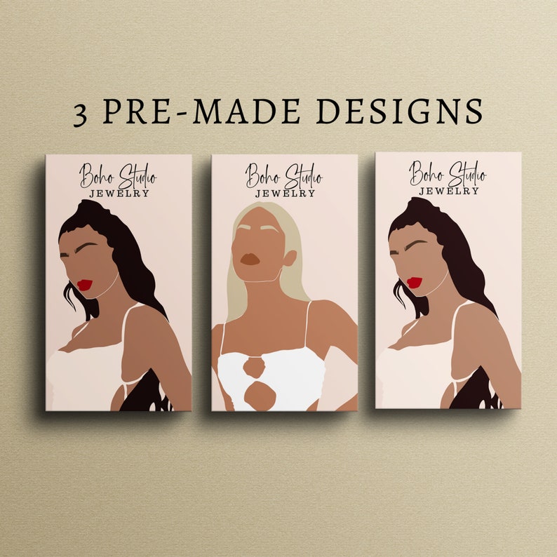 Pode incluir: Tr&ecirc;s designs pr&eacute;-fabricados para cart&otilde;es de visita com um estilo minimalista e um rosto de mulher em cada design. O texto em cada cart&atilde;o diz "boho studio jewelry".