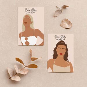 Pode incluir: Dois cart&otilde;es com um design minimalista que apresenta ilustra&ccedil;&otilde;es de mulheres com cabelo castanho e loiro. O texto nos cart&otilde;es diz "Boho Studio Jewelry".