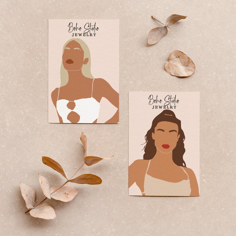 Pode incluir: Dois cart&otilde;es com um design minimalista que apresenta ilustra&ccedil;&otilde;es de mulheres com cabelo castanho e loiro. O texto nos cart&otilde;es diz "Boho Studio Jewelry".