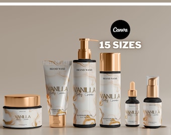 Mall för produktetiketter Lyxiga hudvårdsetiketter, Kosmetikaetikettmall Canva, Body Butter-etiketter, Redigerbar hårolja, Schampoetikett 015