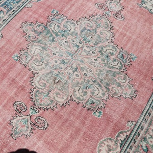 7x10 Rug, Muted Rug, 7x10 Turkish Rug, 7x10 Vintage Rug, Handmade Wool Rug, Oversized Rug, Large Area Rug, 7x10 Oushak Rug, Pink, Green,7x10