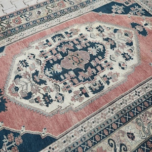 Oversized Turkish Wool Rug (7x11 ft): Handmade Vintage Area Rug, Pink & Blue