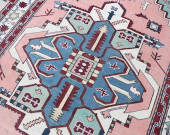 Tappeto rosa 6x10, tappeto turco vintage, fatto a mano, tappeto in lana per soggiorno, tappeto orientale Oushak, tappeto antico per arredamento in stile rustico, 6,3x9,7 piedi