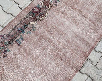 Pink Oushak Rug: 3x6 Vintage Turkish Runner, Floral Distressed Rug