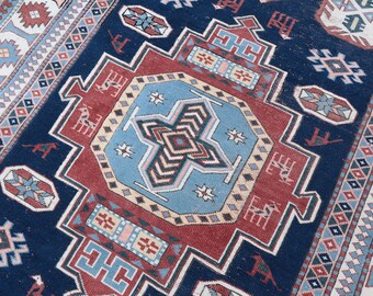 Tappeto decorativo tradizionale turco 6x9 fatto a mano in lana blu e rosso, unico, Oushak Vintage Area, antico arredamento anatolico per la casa e la camera da letto, 5,9x8,7 piedi