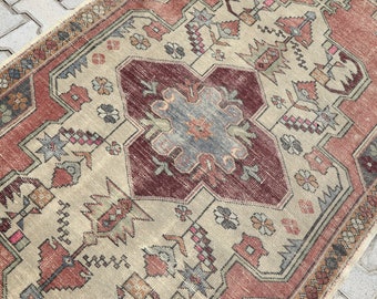 4x8 Vintage Turkish Oushak Rug: Wool & Cotton, Red Beige Distressed Area Rug