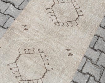 Handmade Turkish Runner Rug: Distressed Boho Oushak, 3x13 Cotton Wool