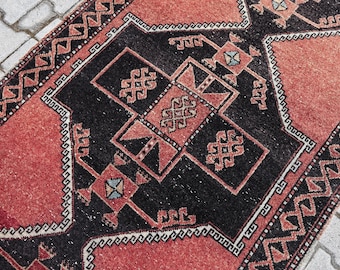 4x11 Black Red Handmade Wool Anatolian Runner Rug, Vintage Turkish Hallway Carpet, Oushak Style, Kitchen Long Corridor Vintage, 3.8x11.0 Ft