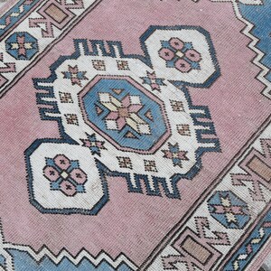 Vintage Turkish Oushak Rug: Pink & Blue Small Door Mat (3x4)