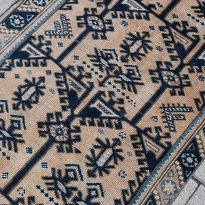 Vintage Turkish Wool Runner Rug: Peach, Navy Blue, Powder Pink 3x12
