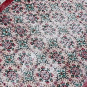 6x9 Vintage Turkish Oushak Rug: Faded Floral, Red & Green