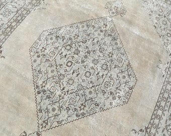 8x10 Wool Rug - Beige, Muted Green - Vintage, Turkish, Oushak - Rug for Living Room, Bedroom - Natural - Floral Naturalist - 7'7'' x 10'3''