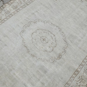 6x9 Vintage Turkish Oushak Rug: Neutral Beige Brown Wool Cotton Area Rug