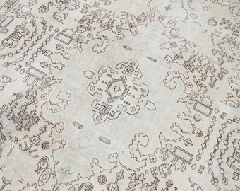 Vintage Wool Rug 9x12, Handmade | Neutral Antique Oushak Style Area 1940s, Living Room Bedroom Farmhouse Decor, 9'0" x 11'9",Long Home Decor