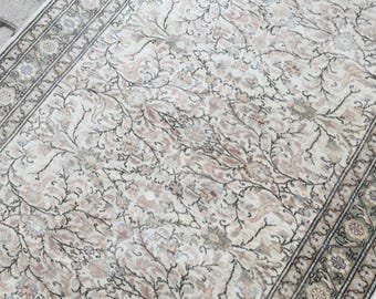 Alfombra Oushak de 4x6 pies: alfombra turca de lana beige y verde, suave, vintage y única, alfombra de bienvenida, alfombra desgastada, alfombra anatolia, alfombra hecha a mano, 3.8x5.5 pies