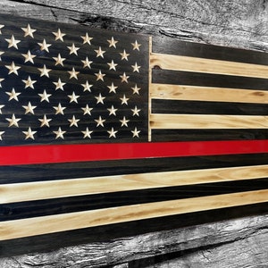 Firefighter Thin Red Line USA Wooden American Flag - Rustic Wall Art - USA Banner - Handmade Gift - Plaque - Personalized - Custom