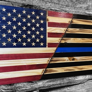 Police Officer Thin Blue Half Line USA Wooden American Flag - Rustic Wall Art - USA Banner - Handmade Gift - Plaque - Personalized - Custom
