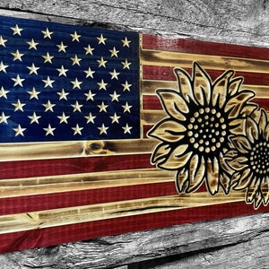 Sunflower USA Wooden American Flag - Rustic Wall Art - USA Banner - Handmade Gift - Plaque - Personalized - Custom