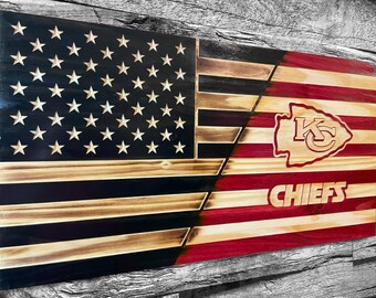 Kansas City Chiefs Half USA Wooden American Flag - Rustic Wall Art - USA Banner - Handmade Gift - Plaque - Personalized - Custom - Football