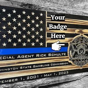 Custom Badge Police Officer Thin Blue Line USA Wooden American Flag - Rustic Wall Art - USA Banner - Handmade Gift - Plaque - Personalized