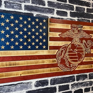 Marines USA Wooden American Flag - Rustic Wall Art - USA Banner - Handmade Gift - Plaque - Personalized - Custom