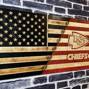 Kansas City Chiefs Half USA Wooden American Flag - Rustic Wall Art - USA Banner - Handmade Gift - Plaque - Personalized - Custom - Football