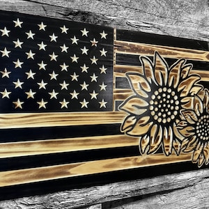 Black Sunflowers USA Wooden American Flag - Rustic Wall Art - USA Banner - Handmade Gift - Plaque - Personalized - Custom