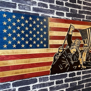 Trump Fight Assassination Shot USA Wooden American Flag - Rustic Wall Art - Banner - Handmade Gift - Plaque - Personalized