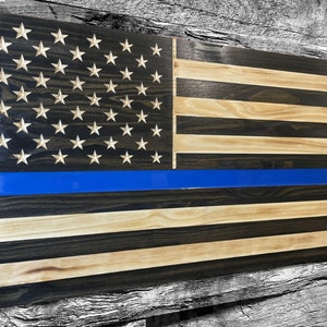 Police Officer Thin Blue Line USA Wooden American Flag - Rustic Wall Art - USA Banner - Handmade Gift - Plaque - Personalized - Custom