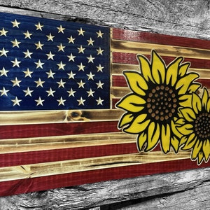 Sunflower USA Wooden American Flag - Rustic Wall Art - USA Banner - Handmade Gift - Plaque - Personalized - Custom
