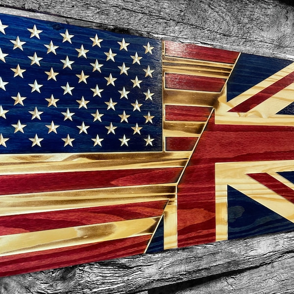 United Kingdom Half USA Wooden American Flag Union Jack UK British England - Rustic Wall Art - Banner - Handmade Gift - Plaque - Personalize