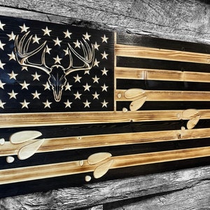 Deer Skull & Tracks USA Wooden American Flag - Rustic Wall Art - USA Banner - Handmade Gift - Plaque - Personalized - Custom