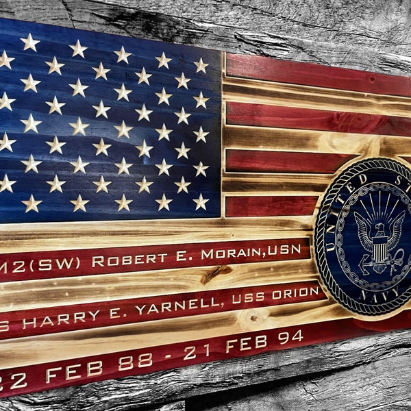 Navy SEAL w/ Blue Emblem USA Wooden American Flag - Rustic Wall Art - USA Banner - Handmade Gift - Plaque - Personalized - Custom