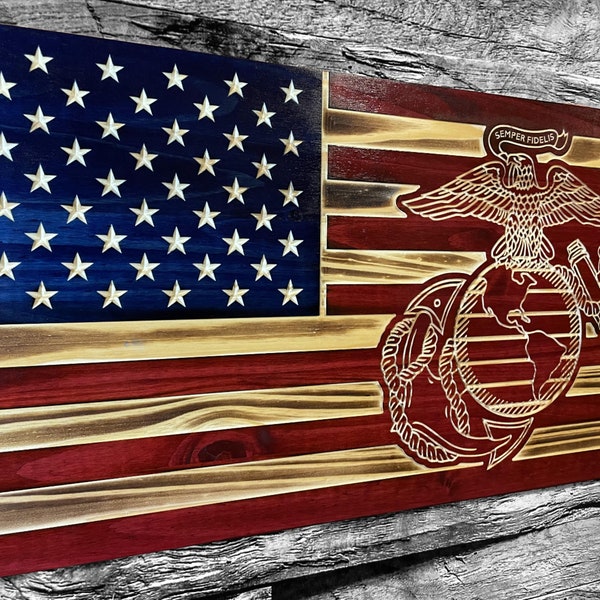 Marines USA Wooden American Flag - Rustic Wall Art - USA Banner - Handmade Gift - Plaque - Personalized - Custom