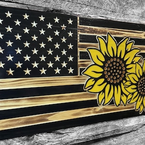 Black Sunflowers USA Wooden American Flag - Rustic Wall Art - USA Banner - Handmade Gift - Plaque - Personalized - Custom