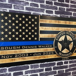 US Marshal Thin Blue Line USA Wooden American Flag - Rustic Wall Art - USA Banner - Handmade Gift - Plaque - Personalized - Custom