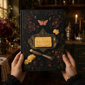May include: A black hardback book with the word RECIPES printed on a textured rectangular label. The cover features a moth, dark floral patterns, a silver-toned butter knife, and yellow butter curls arranged on a dark, ornate background.