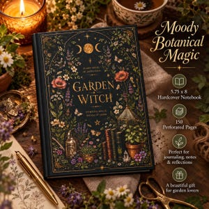 May include: A black hardcover notebook titled Garden Witch with gold foil botanical illustrations, moon phases, and text reading Plant Seeds of Intention and Nurture Magic Watch It Grow. The cover measures 5.75 x 8 inches and contains 150 pages.