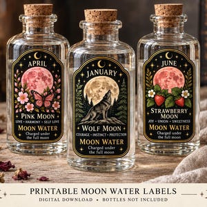 May include: Three clear glass bottles with cork stoppers, each featuring a decorative label. The labels display the text April Pink Moon, January Wolf Moon, and June Strawberry Moon, along with moon illustrations, nature motifs, and descriptive words.