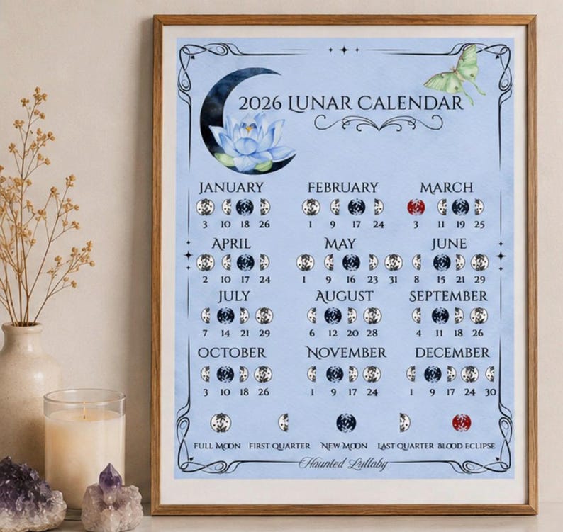 2026 Lunar Calendar Printable | Celestial Moon Phase Art (digital ...