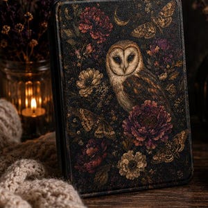 Dunkel Blumen Eule Kindle Hülle | Gothic Kindle Hülle | Witchy E-Reader Hülle | Dark Academia Buchliebhaber Geschenk | Nachtfalter & botanisches Design