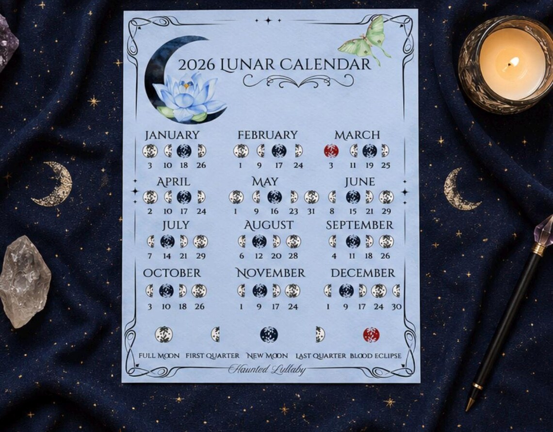 2026 Lunar Calendar Printable | Celestial Moon Phase Art (digital ...