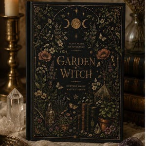 Op de afbeelding: Een zwart gebonden boek getiteld Garden Witch met gouden letters en botanische illustraties. De kaft bevat een drievoudig maansymbool, bloemen, een gieter, een glazen terrarium en de tekst Plant Seeds of Intention en Nurture Magic Watch It Grow.